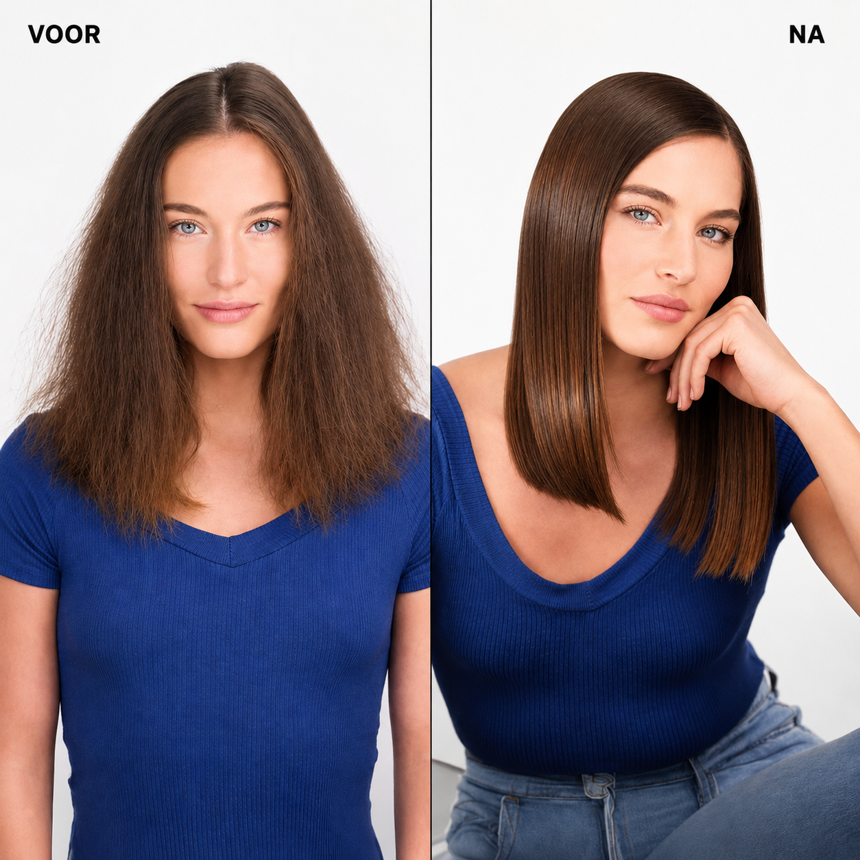 Voor- en nafoto&rsquo;s waarop te zien is hoe kroezig haar is veranderd in glad, glanzend haar.